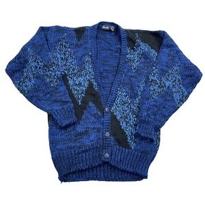 Vintage Cardigan Sweater Men Medium Blue Grandpa Cosby Geometric 80s 90s Funky